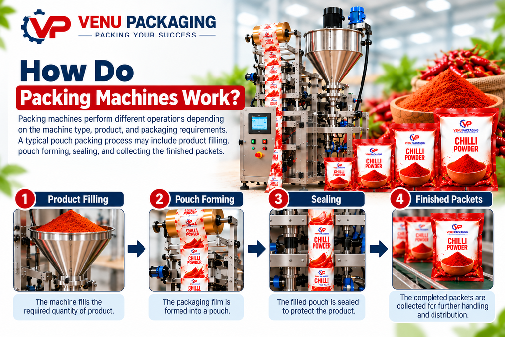 How packing machines work – product filling, pouch forming, sealing and finished packets by VENU PACKAGING