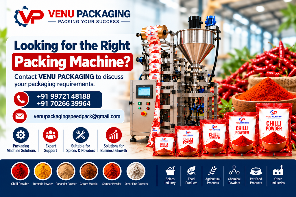 VENU PACKAGING automatic packing machine for chilli powder and spice packaging with contact details and packaging solutions